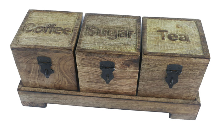 Set Of 3 "Tee, Coffee, Sugar" Mango Wood Boxes Set Of 3 "Tee, Coffee, Sugar" Mango Wood Boxes